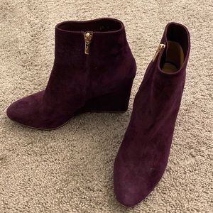 Ferragamo size 8.5 eggplant suede wedge boots
